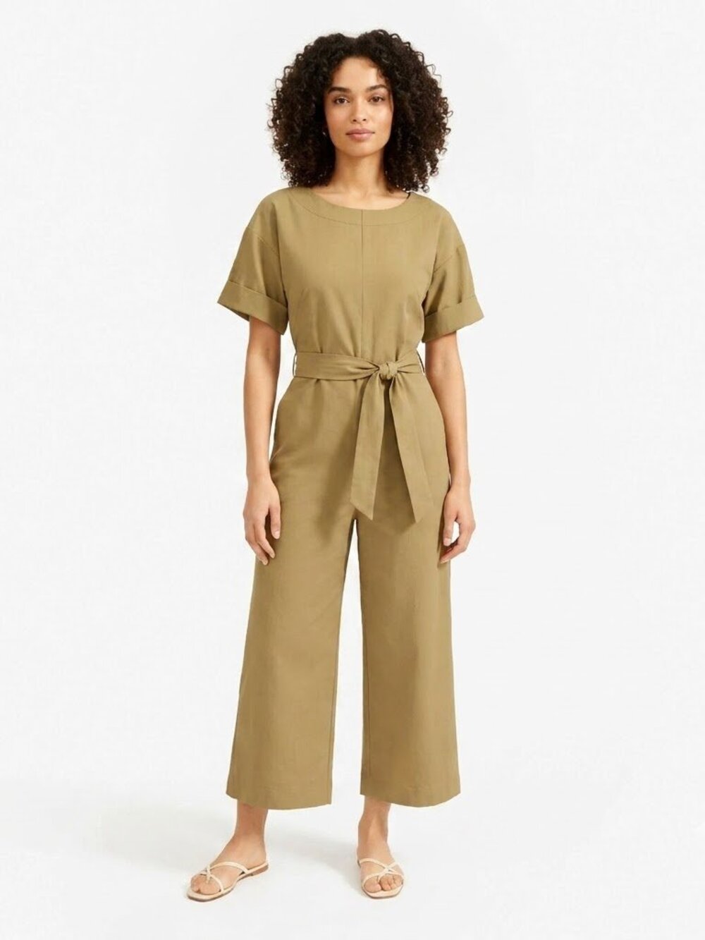 NWT Everlane The Japanese GoWeave Short Sleeve Jumpsuit in Olive Green Belted 2
